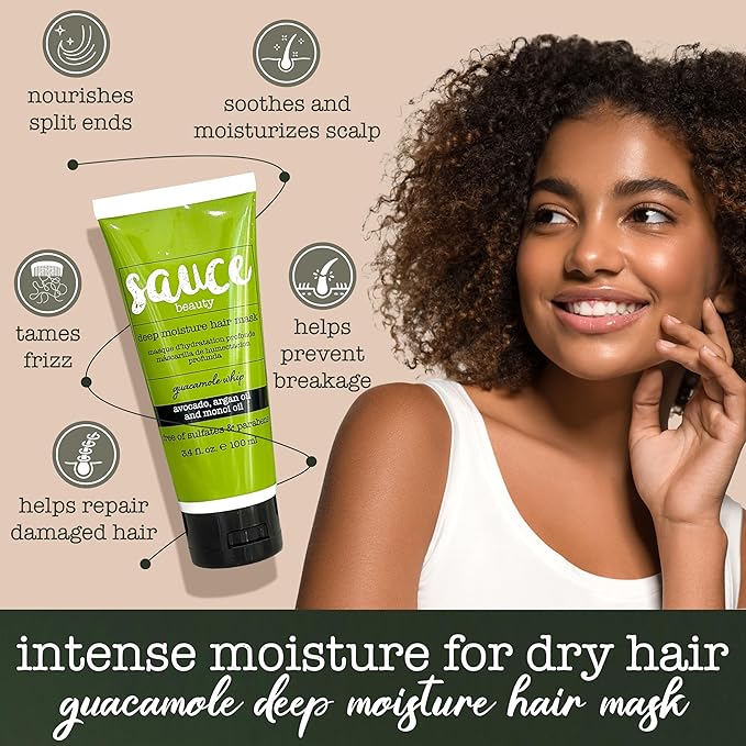 SAUCE BEAUTY Deep Conditioning Hair Mask (3.4 Fl Oz) Guacamole Whip Hair Mask for Damaged Hair & Frizz Control with Avocado, Honey, Monoi & Argan Oil, All Hair Types