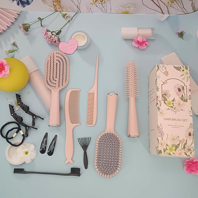 Hair Brush Set, Professional Styling Tools with Combs and Accessories, Pink, Gift Box Included (Pink Brush+Pink Comb)