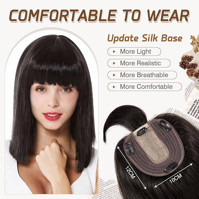 Rich Choices Hair Toppers for Women Real Human Hairs With Bang 100% Remy Human Topper for Thinning Hair Clip in Silk Base Topper 10 Inch #1B Natural Black
