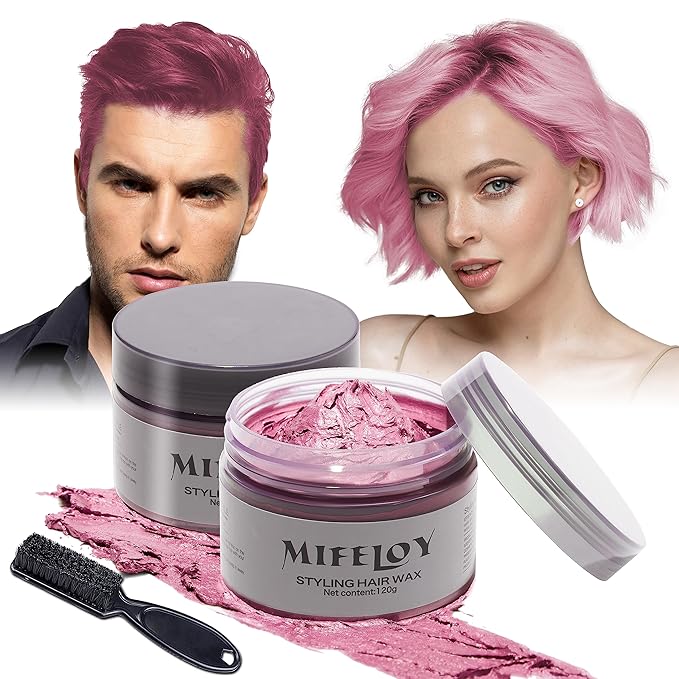 2 Pack Temporary Pink Hair Color Wax with 1 Dye Brush, Instant Natural Hairstyle Cream 4.23 oz, Disposable Coloring Mud for Men Women Youth, Washable Styling Pomades, Party Cosplay Halloween
