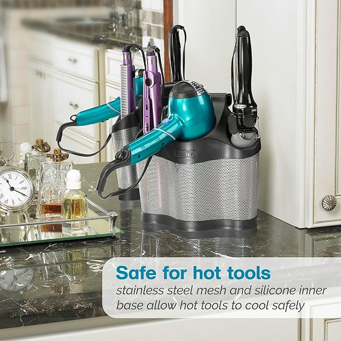 Polder Style Station, Organization for Styling Tools: Hair Dryers,Curling Irons, Straighteners, Brushes, Hang Over Towel Rack, Store Undersink or in Drawer, Black and Silver