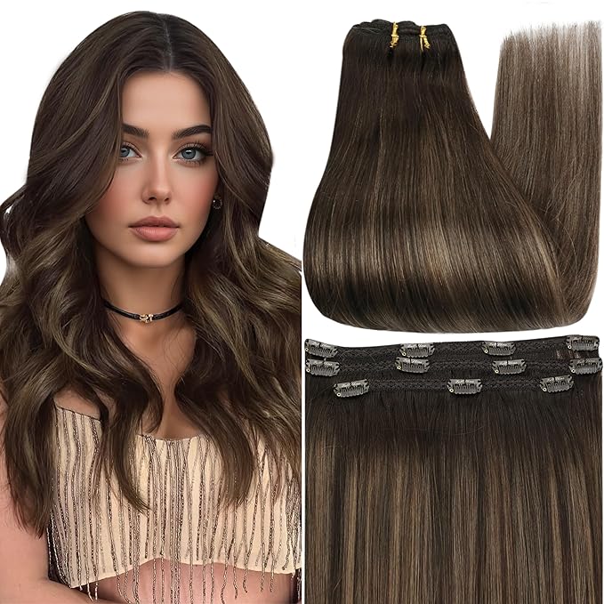 Full Shine Dark Brown Clip in Hair Extensions Ombre Human Hair Extension Brown Balayage 18 Inch Straight Lace Hair Extensions Real Human Hair Invisible Clip ins 3 Pcs 60 G