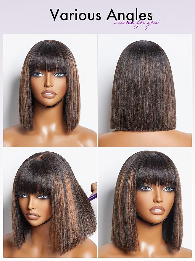 LUVME HAIR 10 Inch Yaki Straight Bob Wig with Bangs Human Hair Glueless HD Lace Bob Wig with Brown Highlights, Ready to Go Short Wigs For Women 180 Density (Breathable Cap)