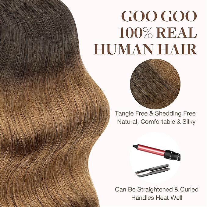 GOO GOO Tape in Hair Extensions Human Hair, 1D/2C/4E Chocolate Dip Color Melt, 14inch 50g 20pcs, Skin Weft Seamless Invisible, Silky Straight with Thick Ends, Remy Human Hair