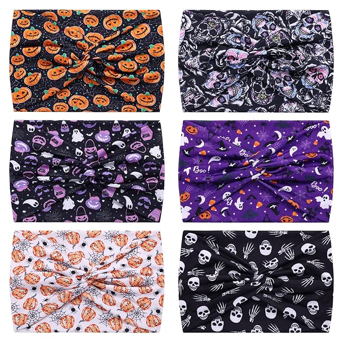 6 Pack Halloween Headbands for Women Hair Bands Skull Headbands Pumpkin Bat Wide Holiday Hair Bands, Holiday Gift Hair Accessories
