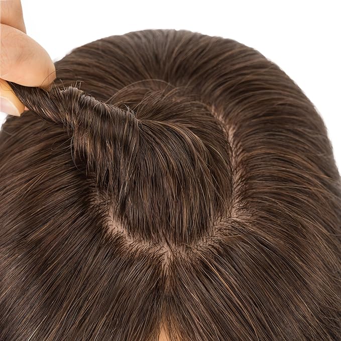 Hairro Human Hair Toppers Free Parted, 3.5x4.7" Base Hand-wovened 100% Real Hairpieces, with Invisible Clips-in for Women, for High Hairline/Adding Volume on Top, 16 Inch Dark Brown