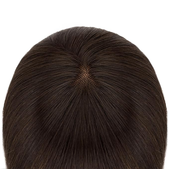 Hairro Human Hair Toppers with Wispy Bangs, 3D 360° Seamless Real Hair Toppers, Hand-Tied with 3.5"x4.7" U-shaped Base, Clip-In Hairpieces to Add Volume on Top, 12 Inch Dark Brown