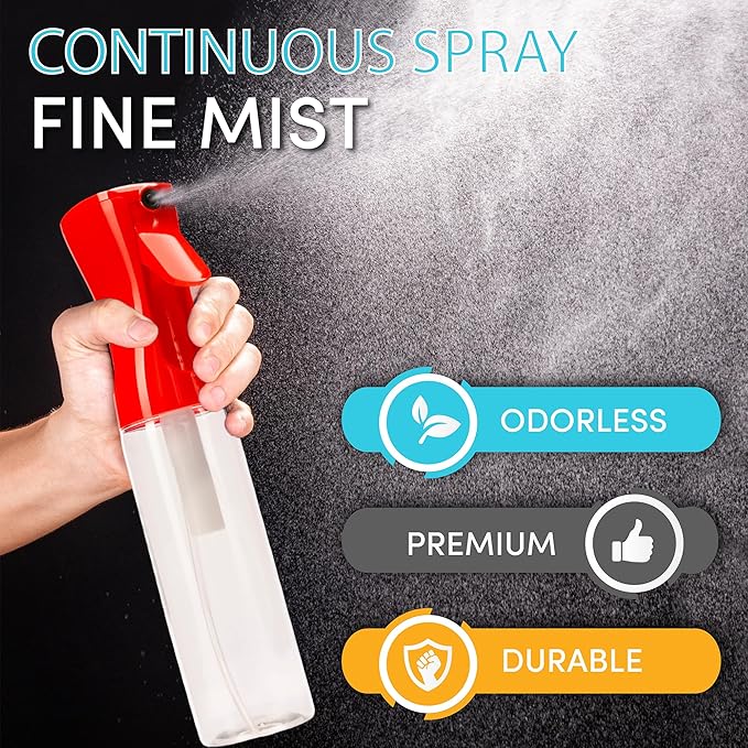 Hula Home Spray Bottle for Hair (10.1oz/300ml) - Powered by Flairosol® Spray Technology - Continuous Ultra Fine Mist Sprayer for Hairstyling, Cleaning, Salons, Plants, Essential Oil & More - Red/Clear