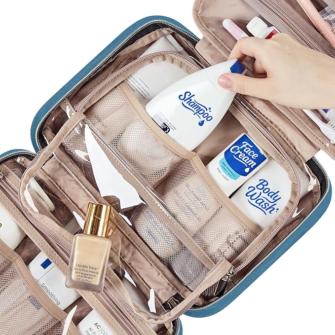 NISHEL Travel Toiletry Bag for women, Portable Hanging Organizer for Travel-Sized Shampoo, Conditioner, Brushes Set, Makeup Accessories, Medium Size, Lake-Blue