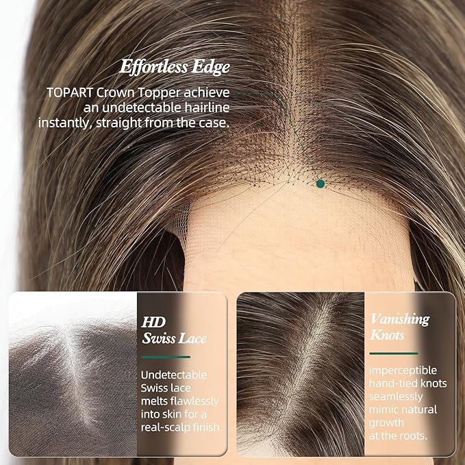 Full Hand Tied Hair Toppers for Women Remy Human Hair Lace Front Topper 14 Inch 6"×6" Partial wig Cover Thinning Hair or Loss No Bangs Top Hair Pieces (Dark Brown Highlights)