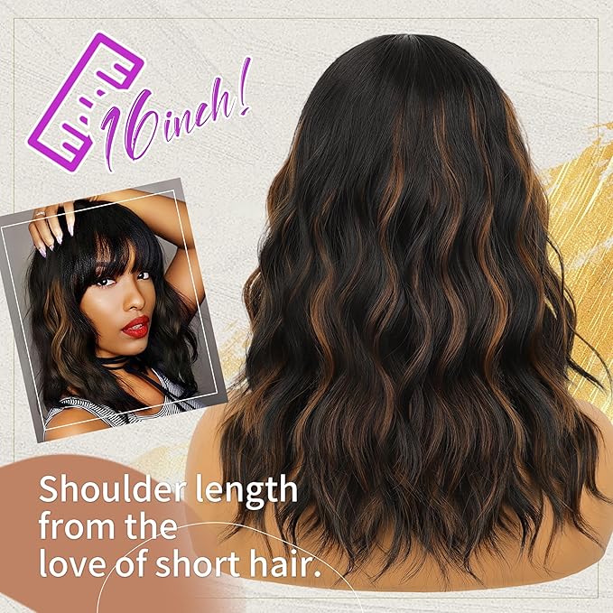 Nnzes Black Mixed Brown Wig with Bangs Short Bob Wavy Wigs Synthetic Curly Wig for Women Natural Looking Heat Resistant Fiber Hair for Daily Party Use