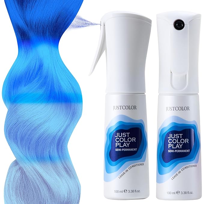 Just Color Hair Dye Spray | Semi-Permanent | Adjustable Tone | Sets in 10 Minutes | Stain-Free | Lasts 8-12 Washes | Stratos Blue Hair Dye Spray | Ammonia & PPD Free | Pack of 2