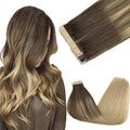 GOO GOO Tape in Hair Extensions Human Hair, 4/18 Balayage Chocolate Brown Highlighted Dirty Blonde, 10inch 60g 40pcs, Skin Weft Seamless Invisible, Silky Straight with Thick Ends, Remy Human Hair