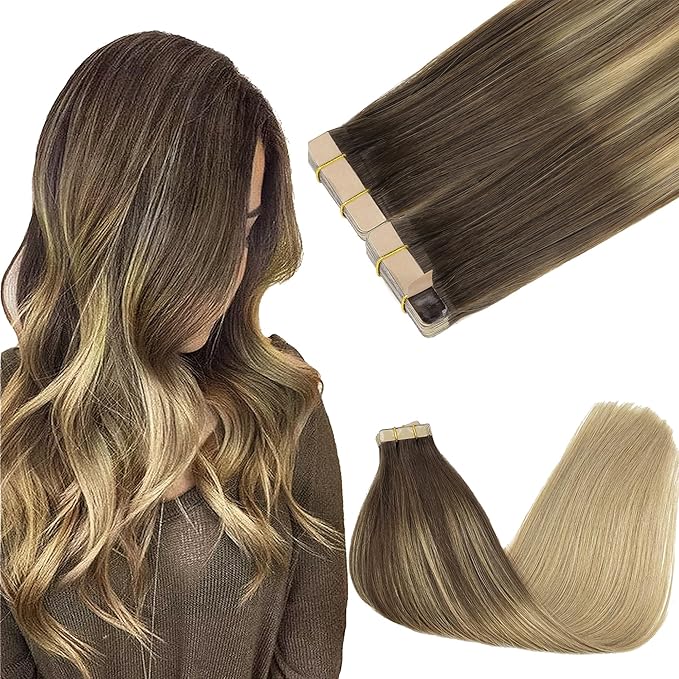 GOO GOO Tape in Hair Extensions Human Hair, 4/18 Balayage Chocolate Brown Highlighted Dirty Blonde, 14inch 100g 40pcs, Skin Weft Seamless Invisible, Silky Straight with Thick Ends, Remy Human Hair