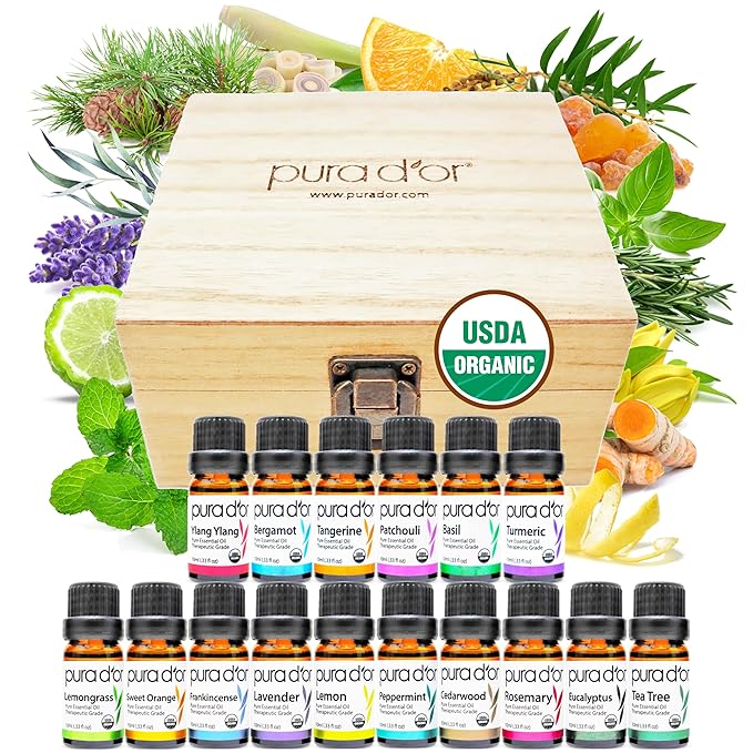 PURA D'OR Organic Sweet16 Essential Oils Set - 16x 10mL Wood Box Aromatherapy Gift Set - 100% Pure Therapeutic Grade for Relaxation and Wellness (Lavender, Rosemary, Turmeric, Ylang Ylang & More)