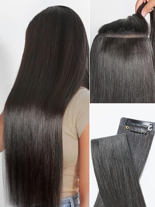 LUVME Invisible Clip in Hair Extensions, Yaki Straight Real Human Hair 22 Inch 2 Pack 220g 12pcs Clip ins Hair Extensions Natural Black for Women
