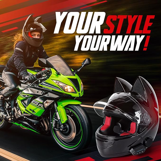 Custom Kitty Cat Ear Automotive Motorcycle Biker Helmet with Bluetooth | for Moped | Bike | Vespa | Scooter | ATV | Quad | Dirtbike | DOT FMVSS218 Approved and Certified