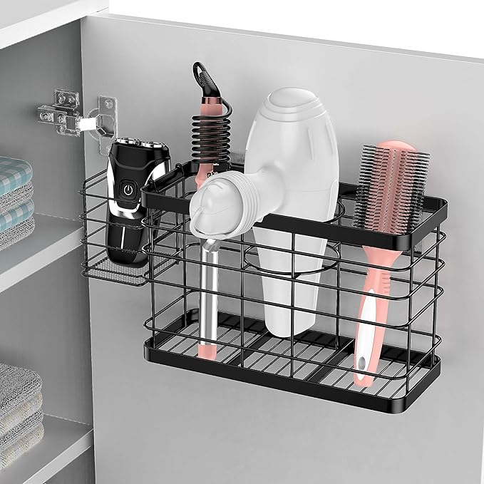 Hair Tool Organizer - Black Steel Wall Mounted Hair Dryer Holder with Removable Basket, 10.62"L x 4.33"W x 6.69"H, Ideal for Small Bathrooms