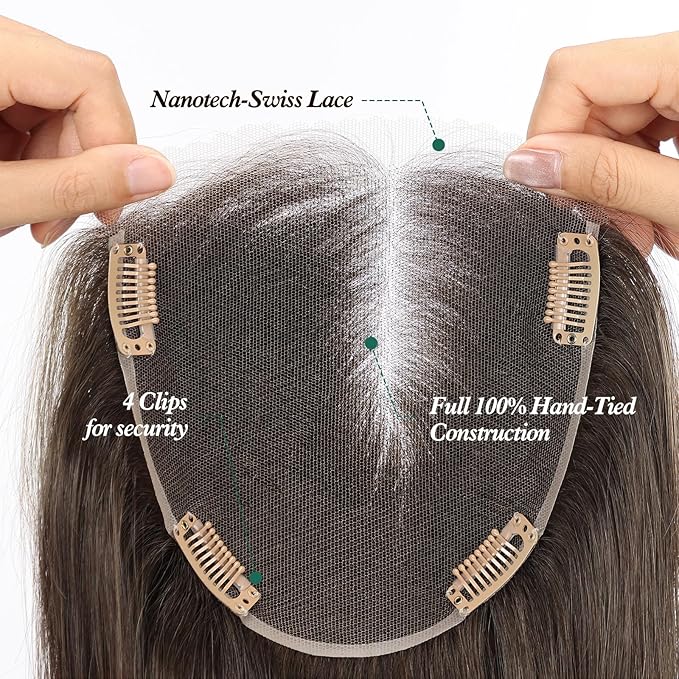 Full Hand Tied Hair Toppers for Women Remy Human Hair Lace Front Topper 14 Inch 6"×6" Partial wig Cover Thinning Hair or Loss No Bangs Top Hair Pieces (Dark Brown Highlights)