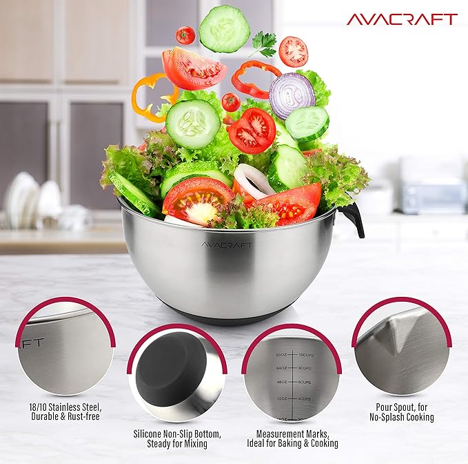 AVACRAFT 18/10 Stainless Steel Mixing Bowls with Lids, non slip silicone base bowls with Handle, Mixing Bowl Set with Pour Spouts & Measurement Marks, Home Essentials Cooking Bowls, (Black)