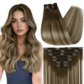 Full Shine Clip in Hair Extensions Balayage Invisible Hair Extensions Human Hair Balayage Medium Brown to Ash Brown Mix Light Blonde Double Weft Human Hair Clip in Extensions 18 Inch 7 Pcs 120 G
