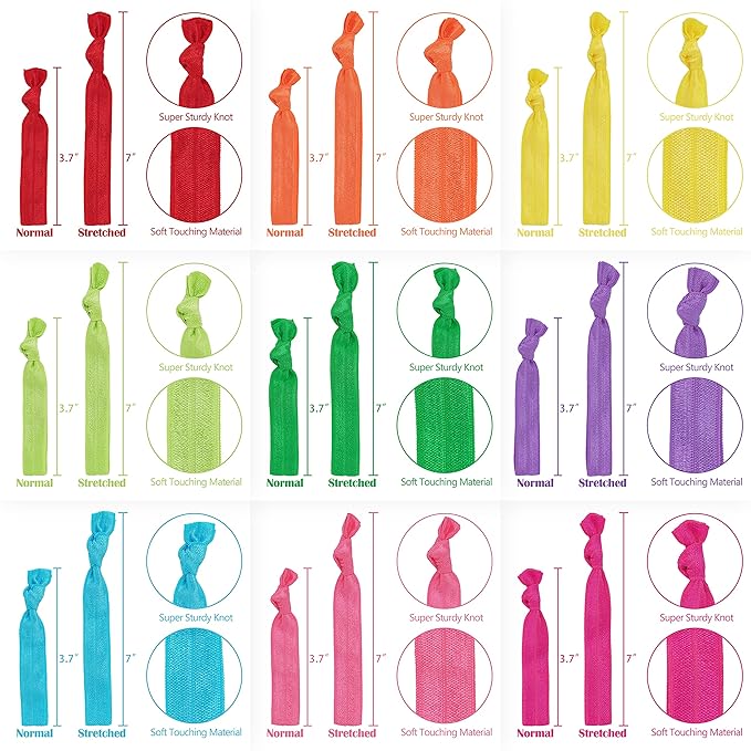 MEEDEE Rainbow Elastic Hair Ties, 100 Pack No-Crease Soft Ribbon Hair Accessories for Women, Knotted Ouchless Ponytail Holders, Yoga & Workout Styling, Versatile as Elastic Bracelets