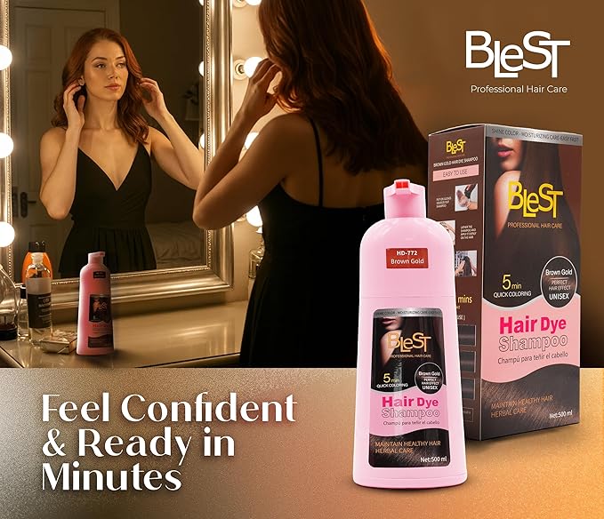Hair Dye 2-in-1 Shampoo Color for Quick Gray Coverage – Semi Permanent Hair Color for Men and Women – 500ml (Brown Gold)