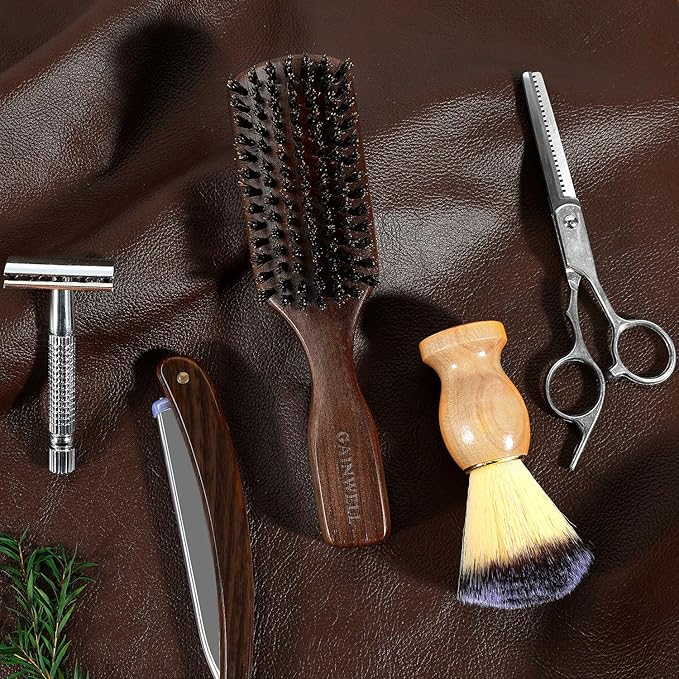 Wild Boar Bristle Hair Brush for Men - Slick Back Hair Brush - Stiff Boar Bristles for Thick Hair, Natural Black Walnut Wooden Handle Hairbrush, Beard Mustache Brush by GAINWELL