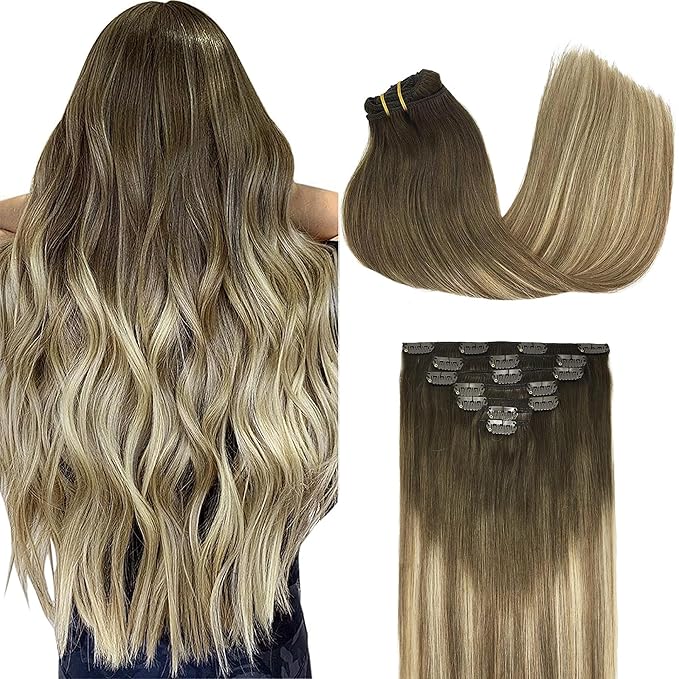 GOO GOO Clip in Hair Extensions Real Human Hair, Remy Human Hair Extensions Clip ins for Women, Natural Human Hair, 16inch 120g 7Pcs, 3/8/613 Balayage Walnut Brown to Ash Brown and Bleach Blonde