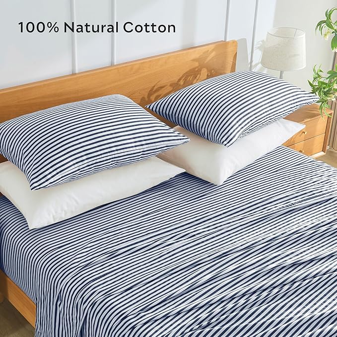 JELLYMONI 100% Natural Cotton Striped Queen Pillowcases Set, 4 Pack White and Dark Blue Stripes Pattern Printed Pillow Covers with Envelope Closure(Pillows are not Included)