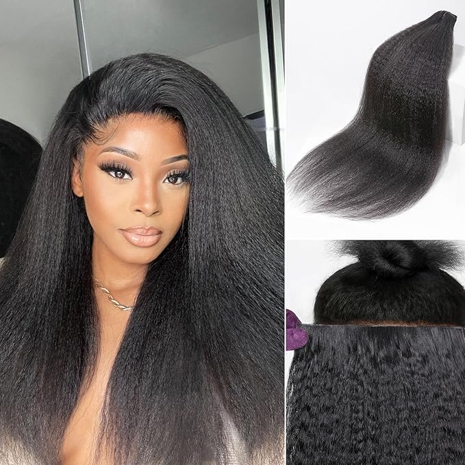 LUVME Invisible Clip in Hair Extensions, Kinky Straight Real Human Hair 24 Inch 2 Pack 220g 14pcs Clip ins Hair Extensions Natural Black for Women