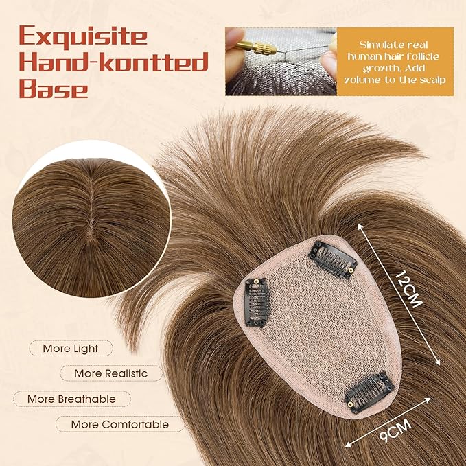 Rich Choices Human Hair Toppers for Women-100% Real Remy Hair Topper with 3D 360°Bang-Upgraded 150% Density 9 * 12CM Lace Base-Clip in Hairs topper for Thinning Hairs-14Inch #4 Medium Brown