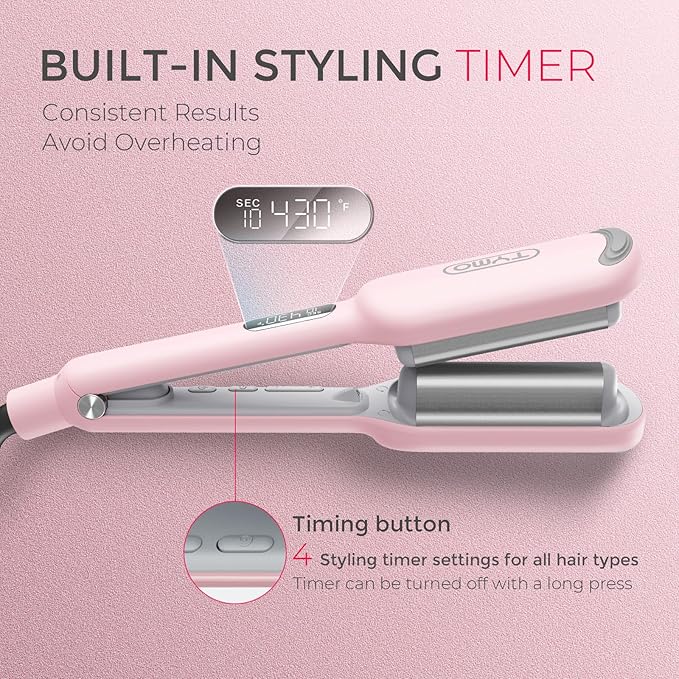 Curling Iron Hair Crimper Waver - TYMO ROVY Beach Waves Curling Wand, Ionic Deep Waver Hair Curler Tool with Ceramic 3 Barrel for Women, Dual Voltage, Anti-Scald, Easy to Use, Pink, 1 Inch