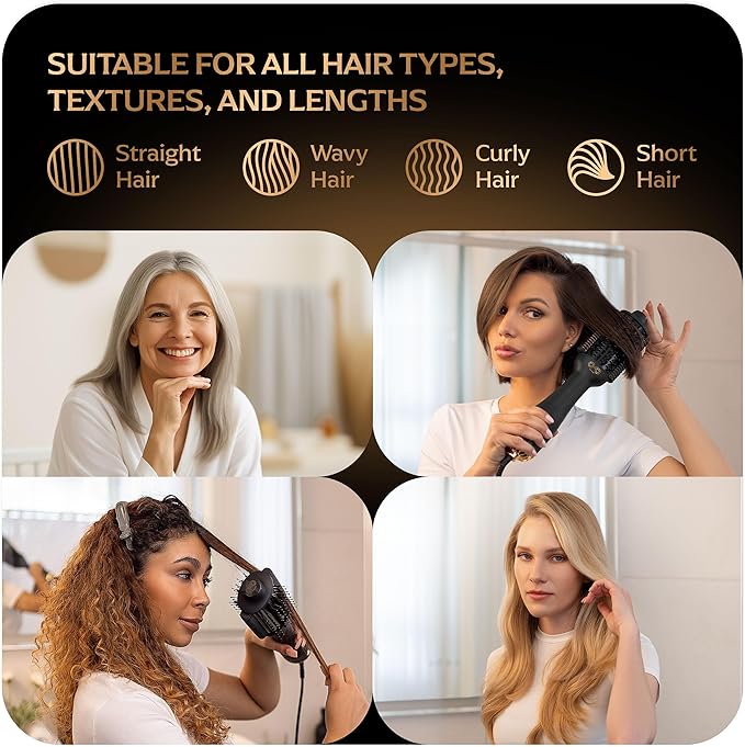 Blowout Brush Hair Dryer, 4-in-1 Blow Drying Brush, Authomatic Dual Voltage, Ionic Hair Straightener w/No Heat Damage, Light 1.3 lb Blowout Tool, Blow Dryer Curling Wand, Hot Air Styler for All Types