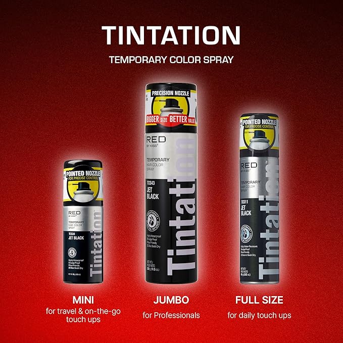 RED by Kiss Tintation Temporary Hair Color Spray, Extra Large Size, Instant Gray Root Cover Up, Water-Resistant, Smudge-Proof, Hairline & Barber Touch-Up, Quick Dry (Jet Black, 11.5 OZ)