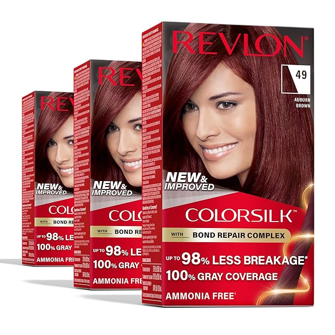 Revlon ColorSilk with Bond Repair Complex, Auburn Permanent Hair Color, 100% Gray Coverage, Ammonia Free Hair Dye, Vegan Keratin, 49 Auburn Brown (Pack of 3)