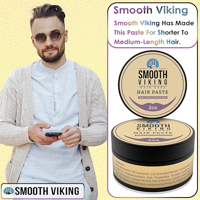 Smooth Viking Hair Paste for Men - Hair Styling Cream with Minimal Shine & Medium Hold Hair Products for Men, Hair Cream for Men, Styling Paste for Textured Messy Hairstyle - Made in USA, 2oz