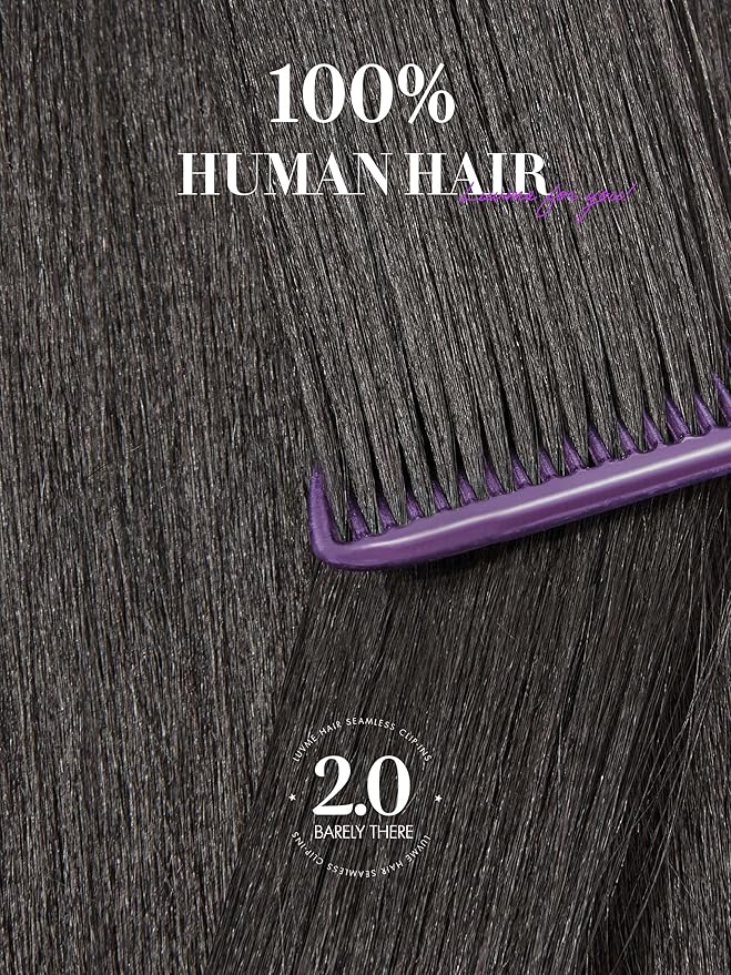 LUVME Invisible Clip in Hair Extensions, Yaki Straight Real Human Hair 22 Inch 2 Pack 220g 12pcs Clip ins Hair Extensions Natural Black for Women