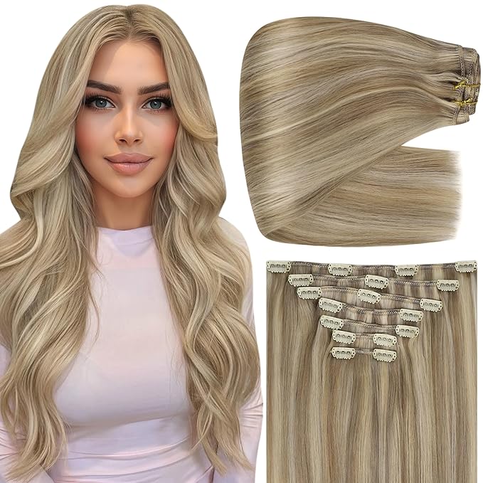 Full Shine Human Hair Extensions Clip ins Blonde Human Hair Clip in Extensions Blonde Highlight Hair Extensions 7 Pcs Straight Hair 22 Inch 150 G