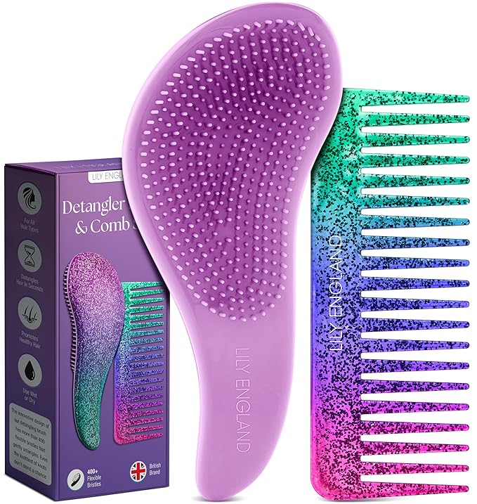 Lily England Detangling Comb & Hair Brush Set - Wide Tooth Comb for Curly, Straight, Thick, Fine & Wet Hair - Gentle & Pain-Free Detangler for Women & Kids - Lightweight Haircare Tools, Purple-Glitter