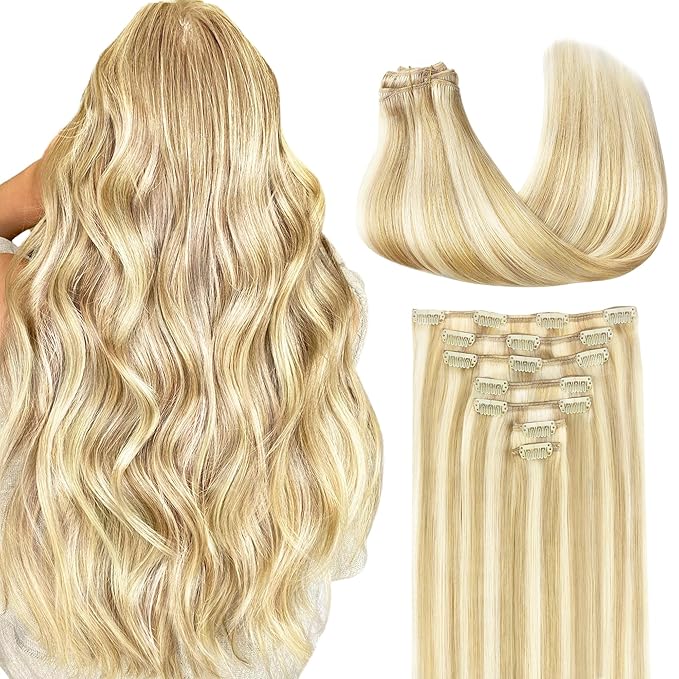 GOO GOO Clip in Hair Extensions Real Human Hair, Remy Human Hair Extensions Clip ins for Women, Natural Human Hair, 14inch 120g 7Pcs, 18D/22F Dirty Blonde Highlights