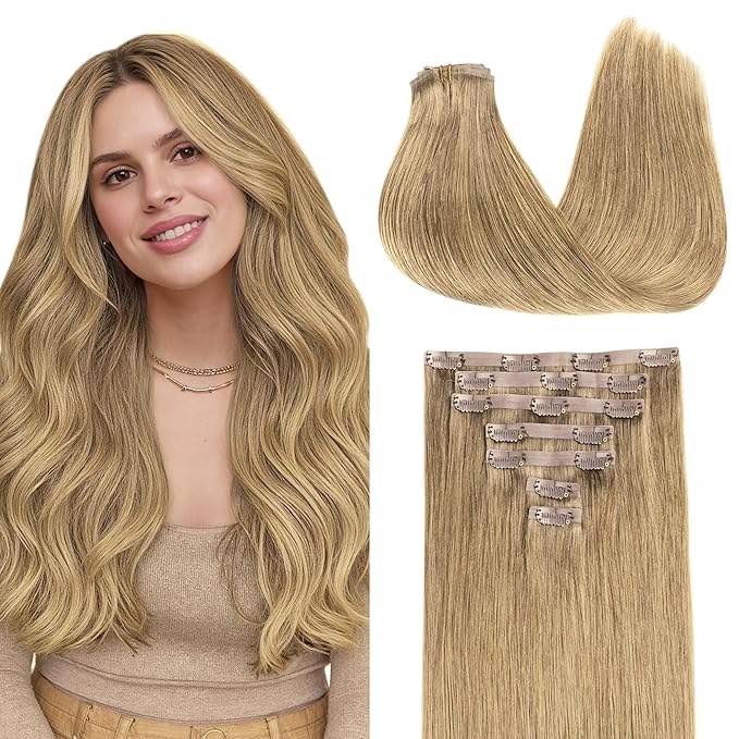 GOO GOO Clip in Hair Extensions Real Human Hair, Remy Human Hair Extensions Clip ins for Women, Natural Human Hair, 20inch 110g 7Pcs, 7 Bronde