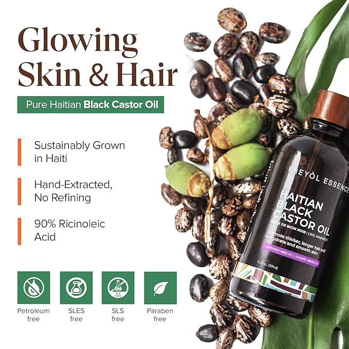 Kreyol Essence - Haitian Black Castor Oil for Skin and Hair, Glass Bottle - Cold Pressed | Hexane Free | Fuller-Looking Hair, Natural Humectant, Lavender Hibiscus. 2 Fl Oz
