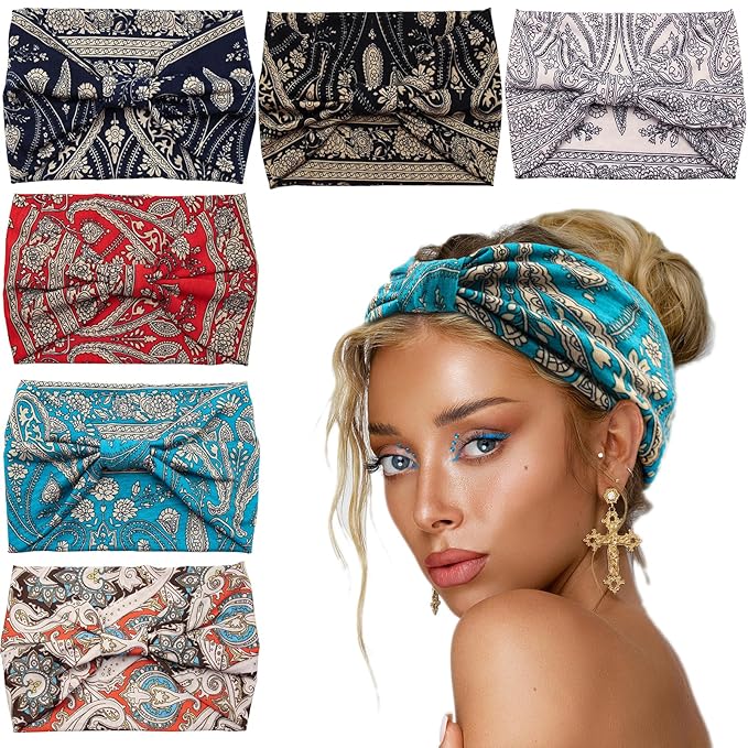 Yeshan Wide Headbands for Women Boho Knotted Head Wraps Turbans Non Slip Bandana Headbands Sport Yoga Workout Stretchy Hair bands,Pack of 6