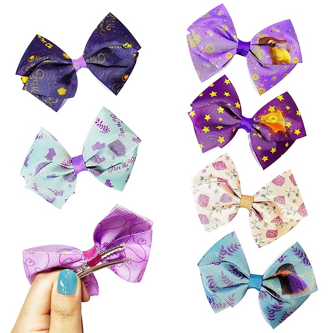 Disney Wish Kids Hair Bows - Hair Accessories Set - 7 Pcs 4 Inch Bow Bundle - Hair Bows for Girls - Different print on each clip - Alligator Clip - Ages 3+