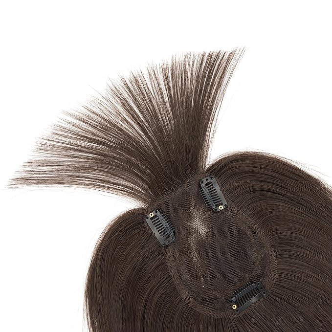 Hairro Human Hair Toppers with Wispy Bangs, 3D 360° Seamless Real Hair Toppers, Hand-Tied with 3.5"x4.7" U-shaped Base, Clip-In Hairpieces to Add Volume on Top, 12 Inch Dark Brown