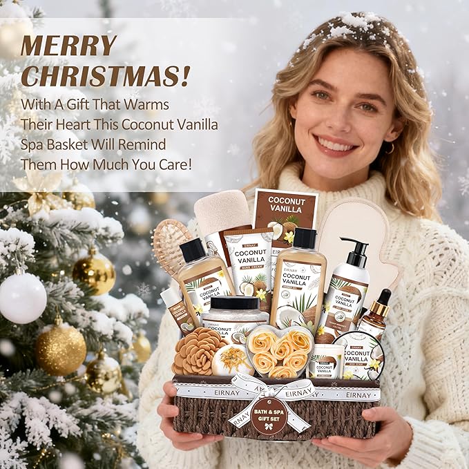 Christmas Gifts For Women - 16 PCS Birthday Gift Basket for Women Set of Coconut Vanilla Self Pampering Set, Includes Luxurious Home Spa Shower Gel Bubble Bath