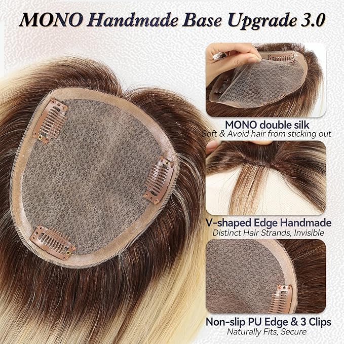 starluck Hair Toppers for Women Real Human Hair,5.5"*5"MONO Large Base, Real HumanHair Toppers for Women with Thinning,56g Hand-moven Topper,Gray Roots,High Volume,Ombre Blonde with Brown Highlight
