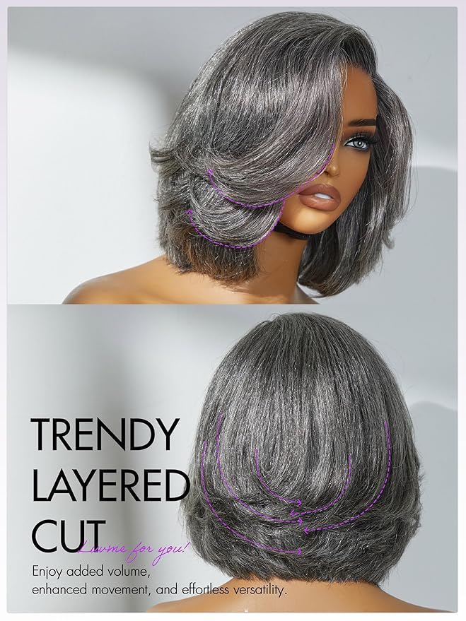 LUVME HAIR Salt & Pepper Layered Bob Glueless Pre-Cut Lace Wig Gray Wigs For Women Short Grey Hair Glueless Bob Wigs Pre Plucked Pre Cut Pixie Cut