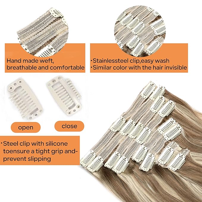 Straight Clip In Hair Extensions Real Human Hair 8Pcs Clip In Balayage Chestnut Brown Highlight Blonde Human Hair Extensions with 18Clips Lace Weft 120g 16inch